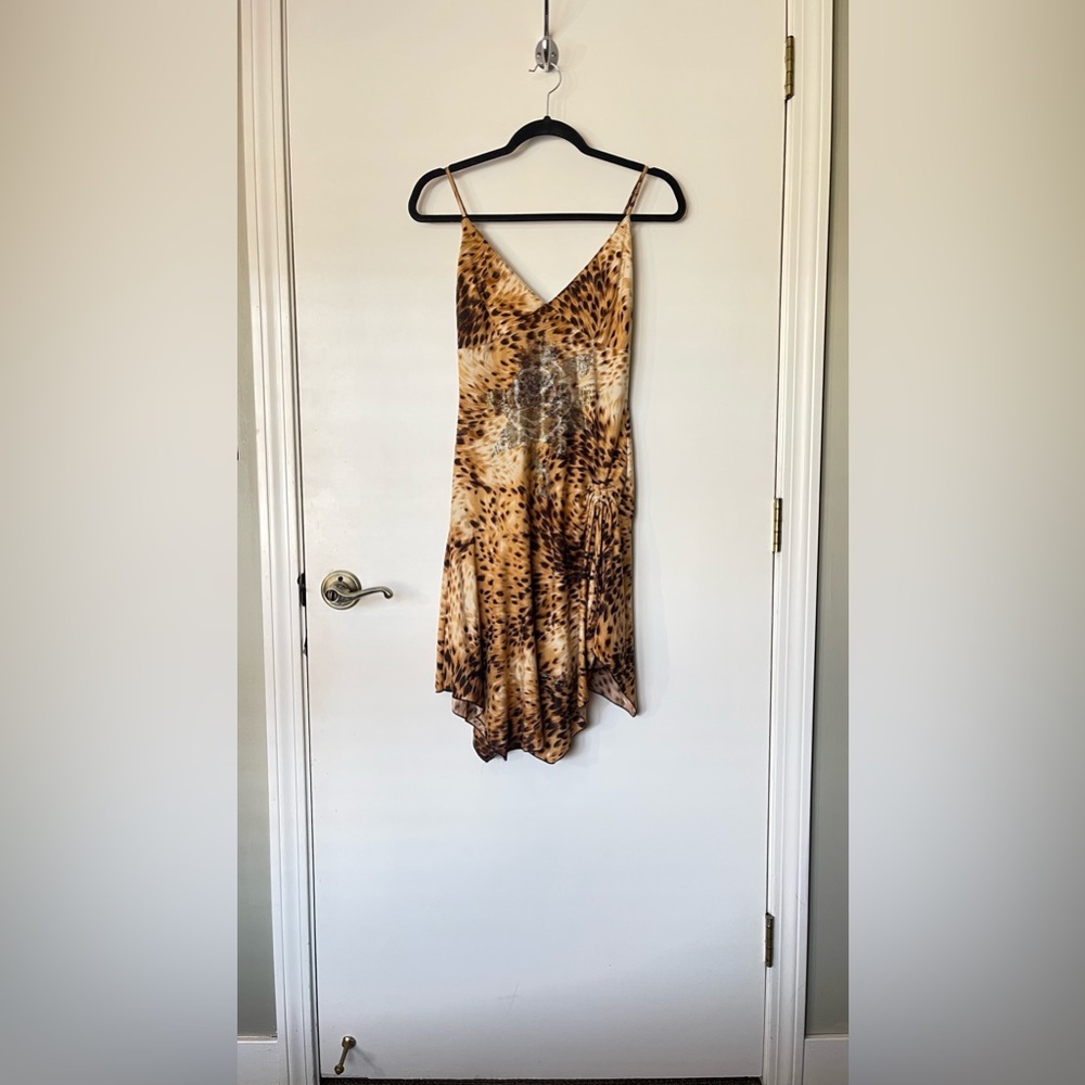 Y2K Rhinestone and Cheetah Asymmetrical Ed Hardy Slip Dress